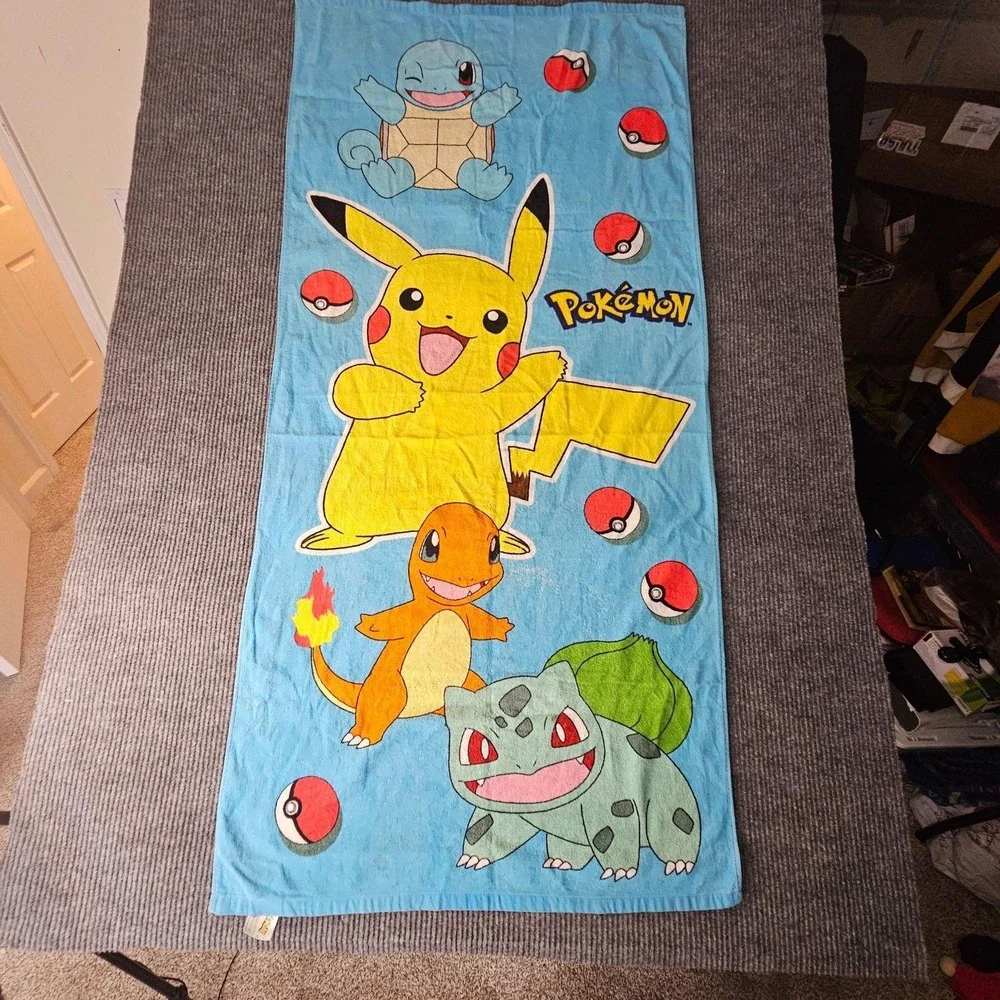 Pokemon Blue Beach Towel 28x55 Pikachu Charmander Squirtle Bulbasaur Cotton